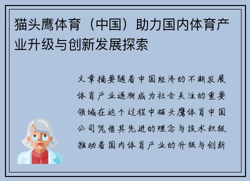 猫头鹰体育（中国）助力国内体育产业升级与创新发展探索